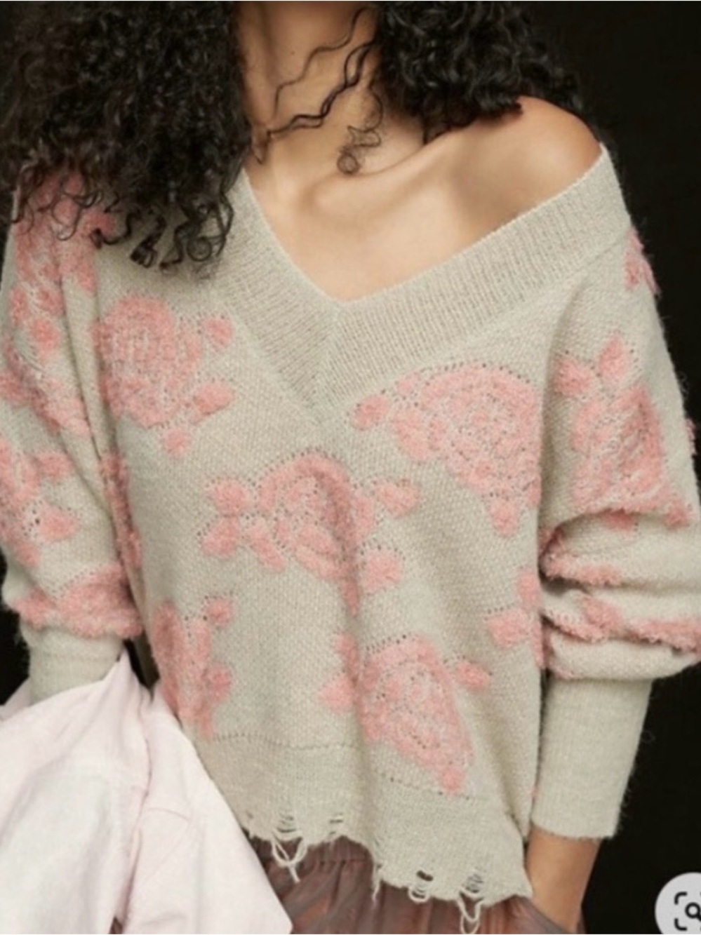 Anthropologie Beige & Pink Textured V-Neck Women's Sweater